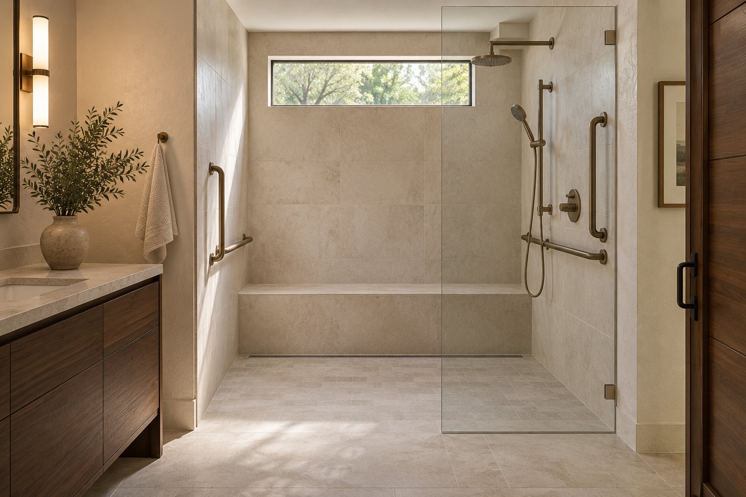 Design inspiration: Step-free shower concept with a bench, handheld shower and support bars