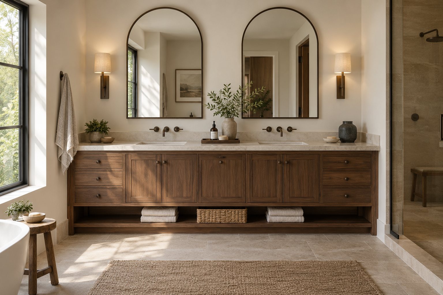 Design inspiration: Walnut double vanity with two arched mirrors and wall-mounted taps