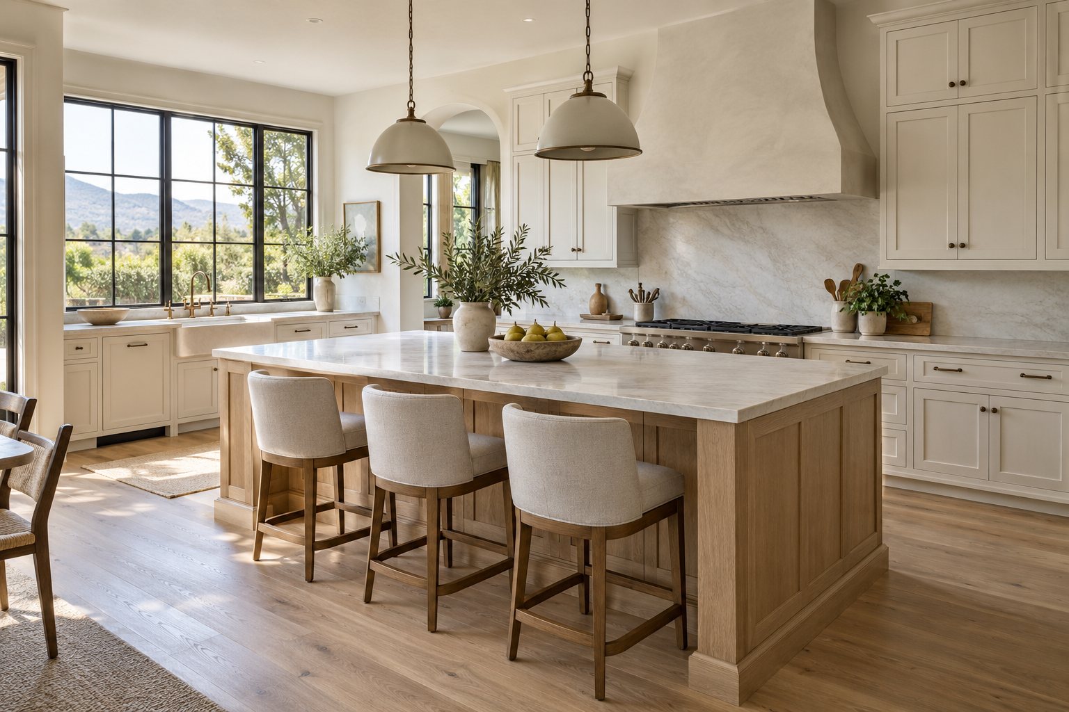 Design inspiration: Ivory kitchen with oak island, upholstered seating and window light
