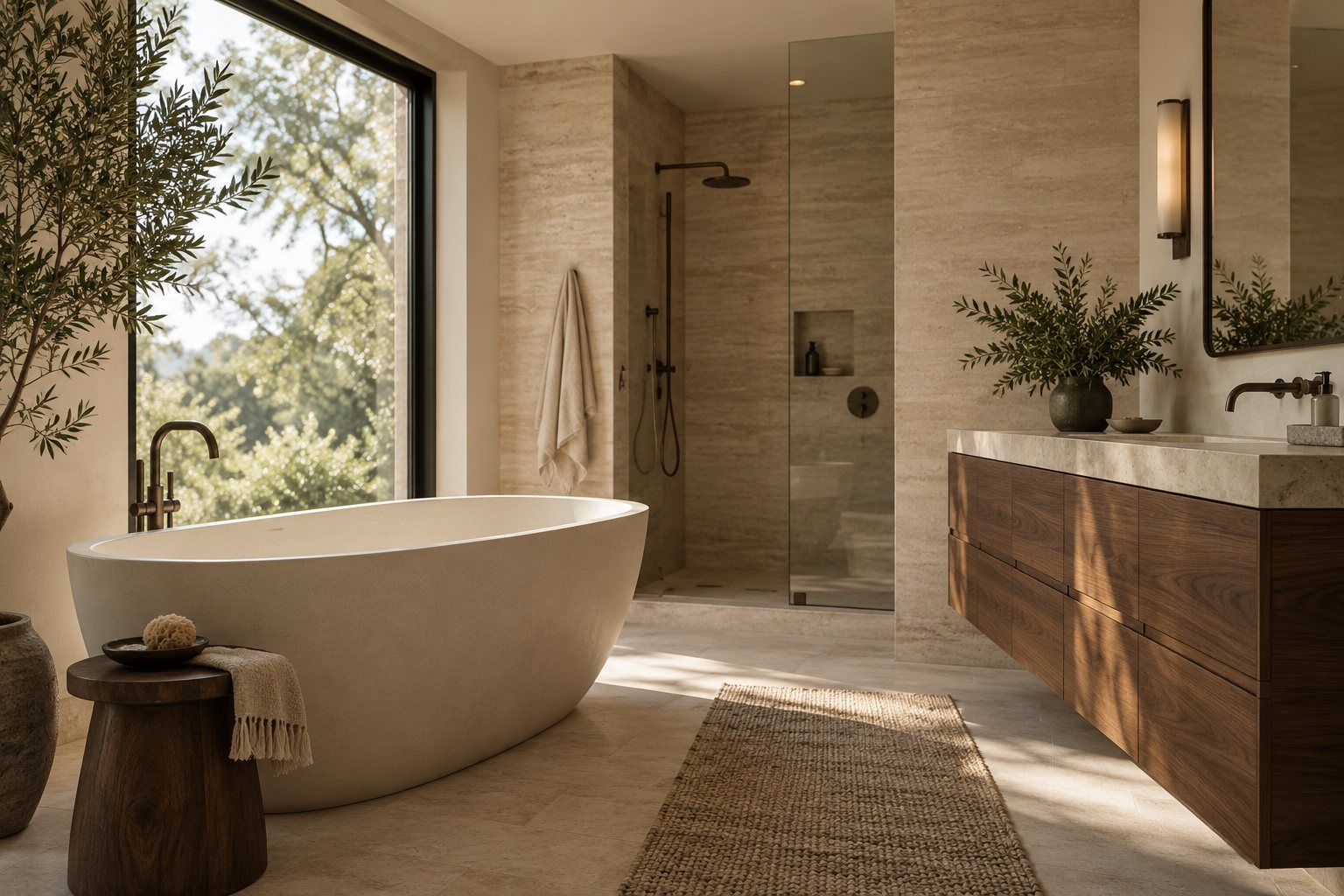 Design inspiration: Bathroom with a freestanding tub, stone walls and walnut vanity