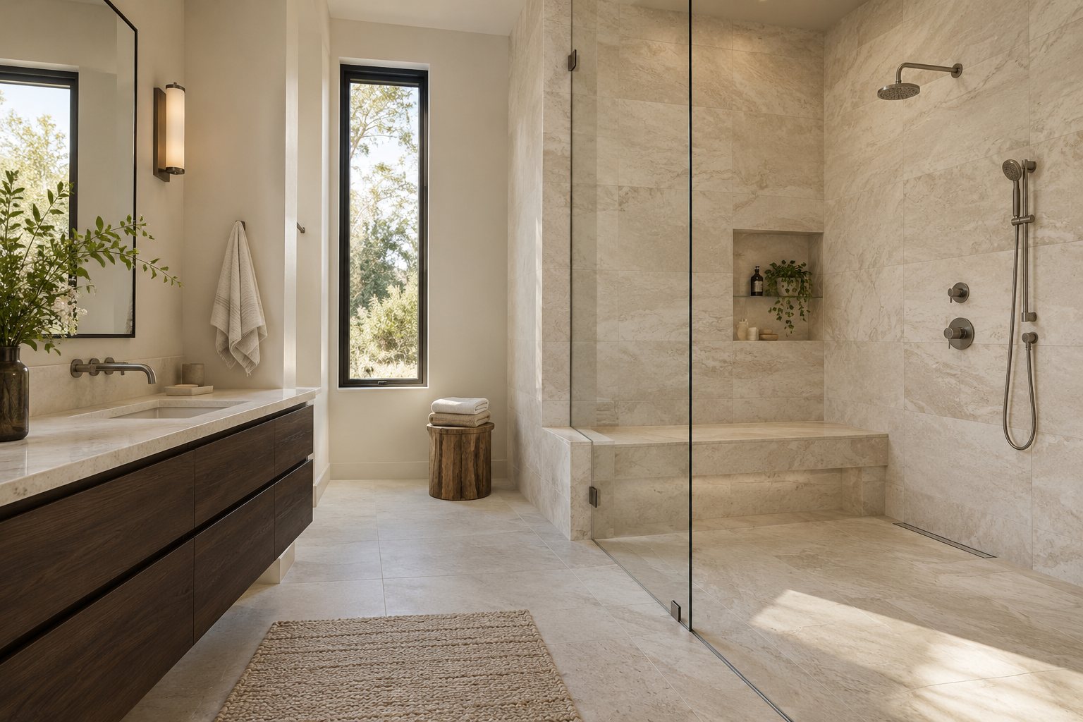 Design inspiration: Warm tones & a walk-in shower — interior design concept