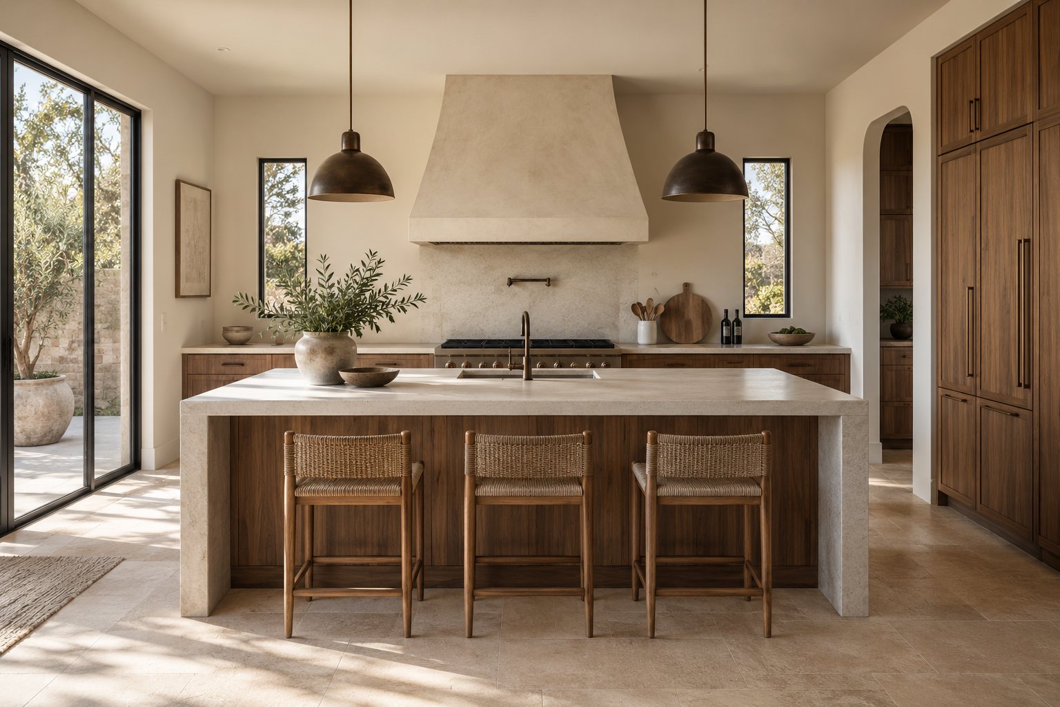 Design inspiration: Walnut kitchen with woven counter stools and a pale stone island